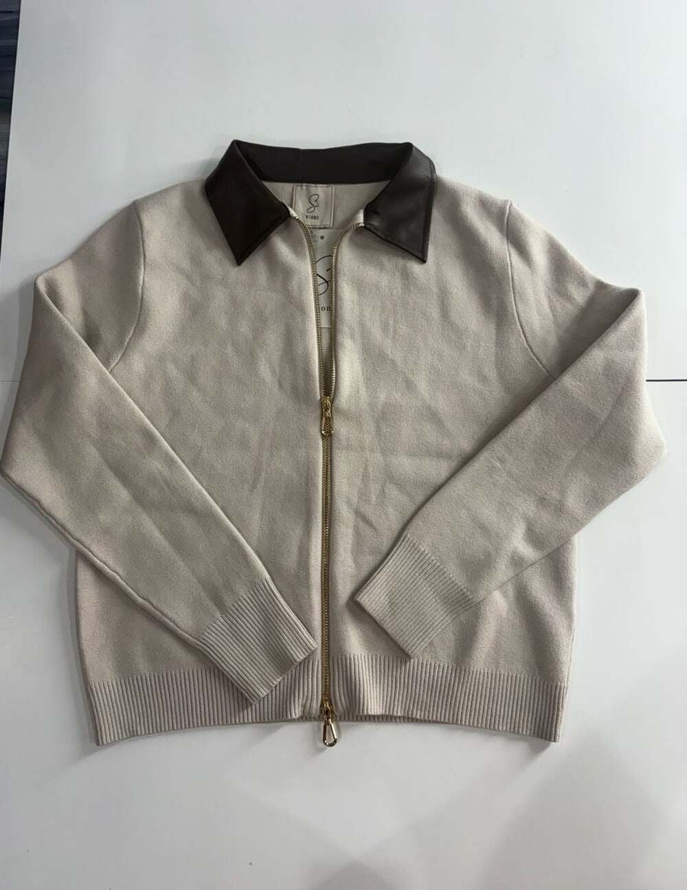 Sioni Women's Faux Leather Collar Zip-Up Cardigan Winter White Brown Size S